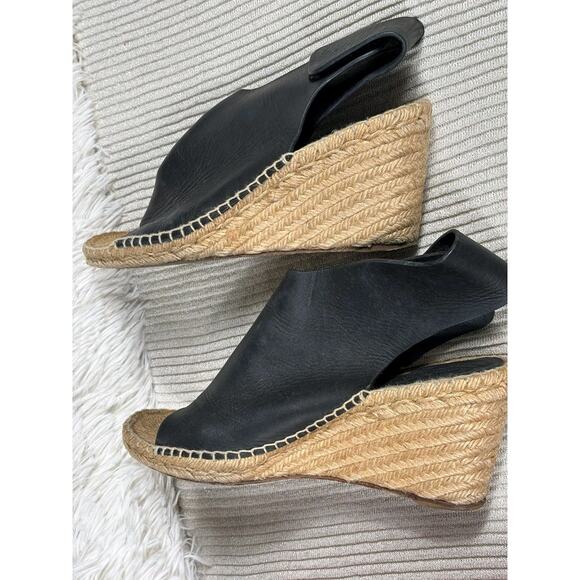 Celine Paris Leather Espadrille Wedge Heel Size 41 US 11 Black Peep Toe - Picture 2 of 8